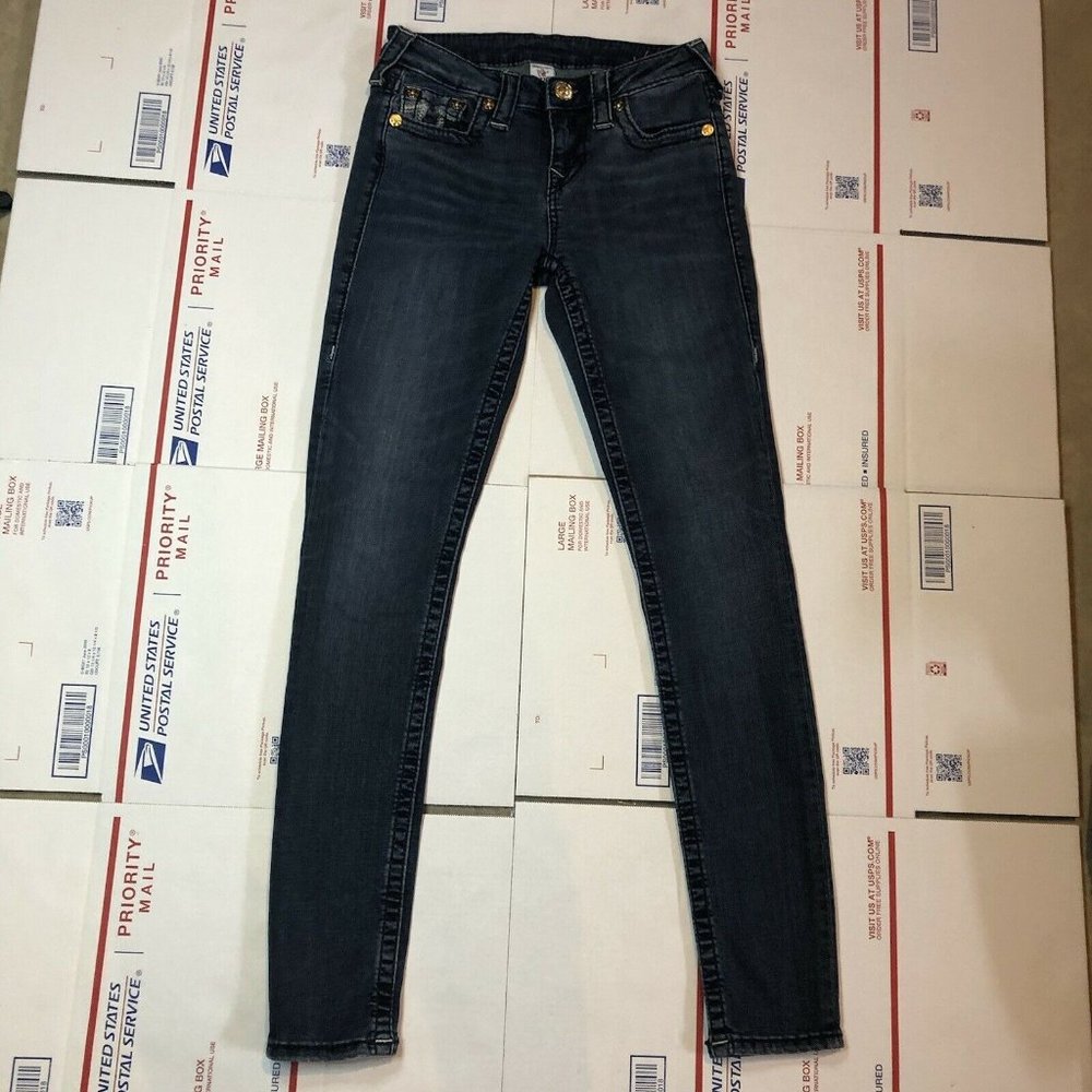 True Religion Disco Big T Gold Buttons Jeans Sz 27 Dark Wash Skinny Jeans